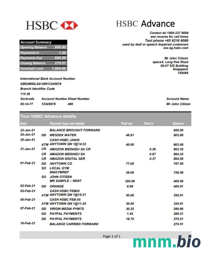 Szablon wyciągu bankowego Singapore HSBC w pełni edytowalny w formacie PSD